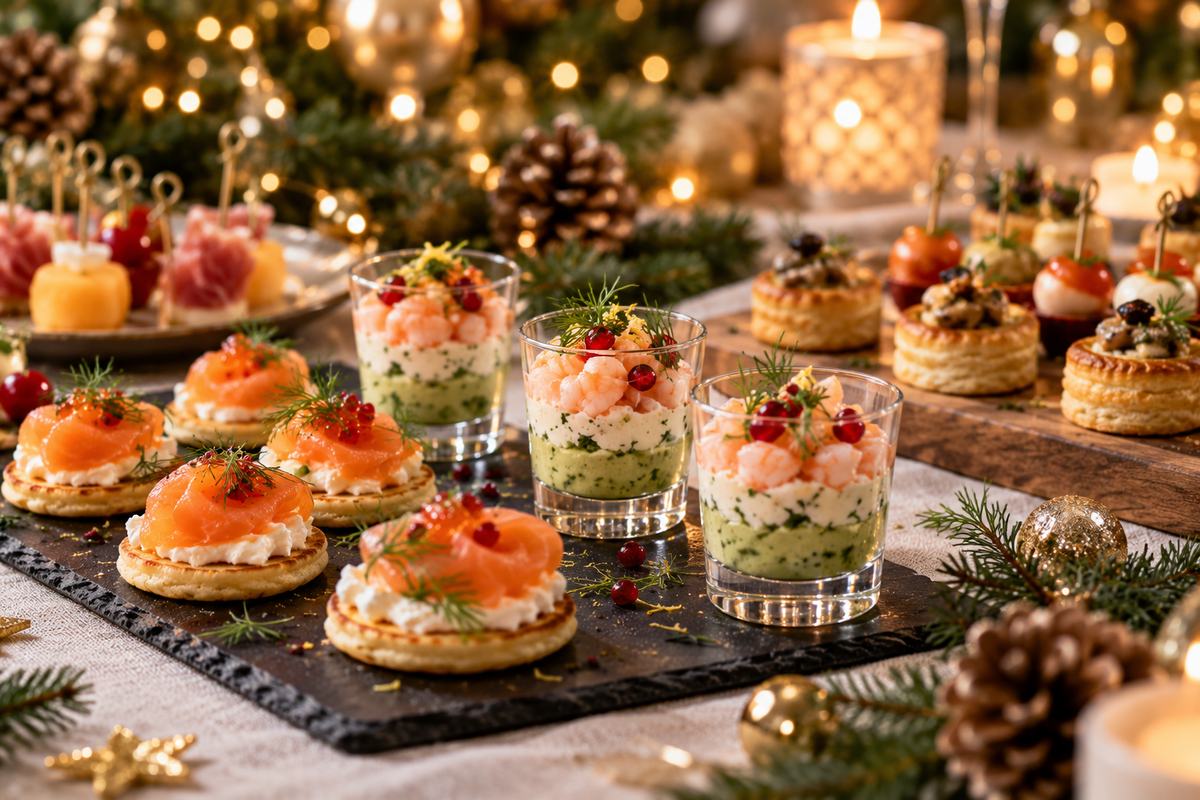 Présentation gastronomique soignée pour une réception de Noël
